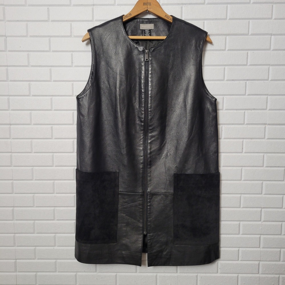 Vtg Y2K Neiman Marcus Longline Leather Vest M Black Suede Pockets Minimalist